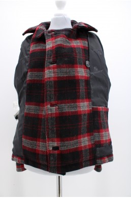 Manteau Woolrich rouge, noir et gris en laine vintage doublure