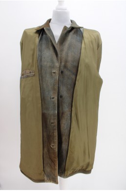 Blouson veste longue en cuir Peruvian Connection kaki vintage